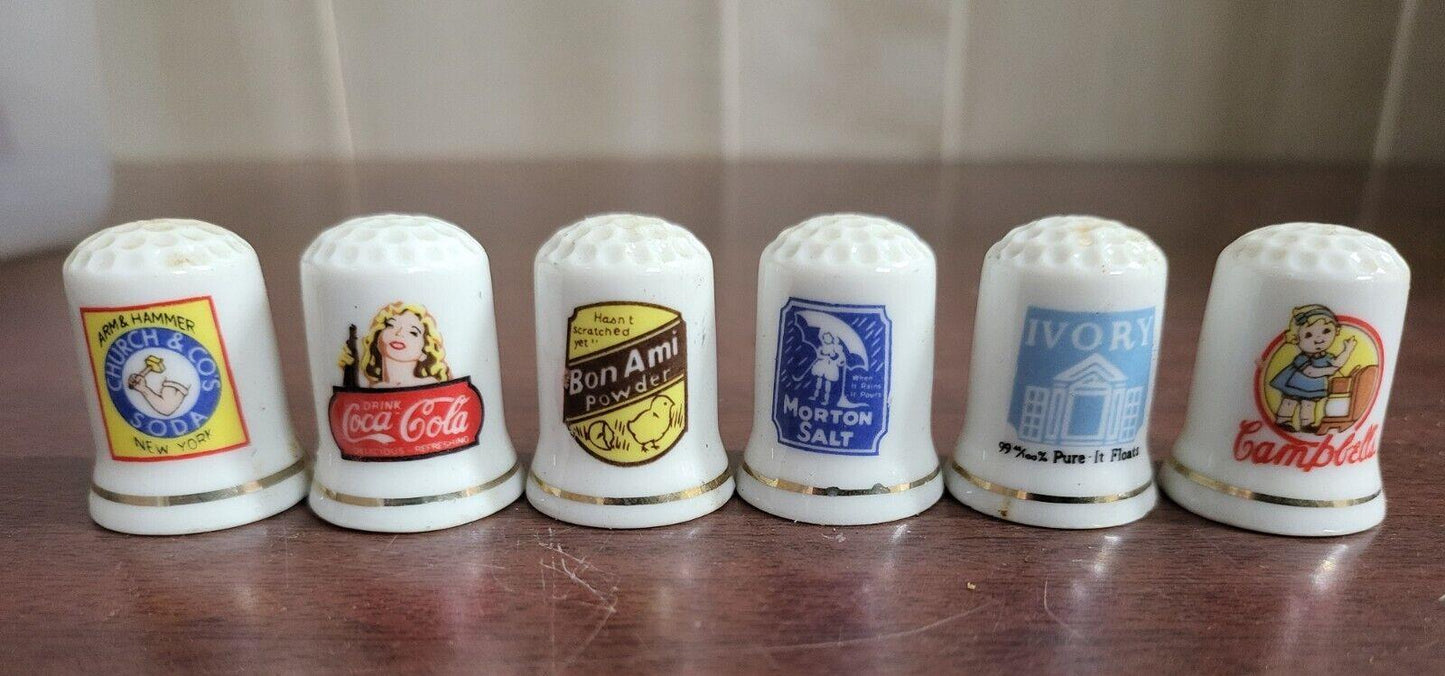 6 Vintage Ceramic Thimbles Advertising