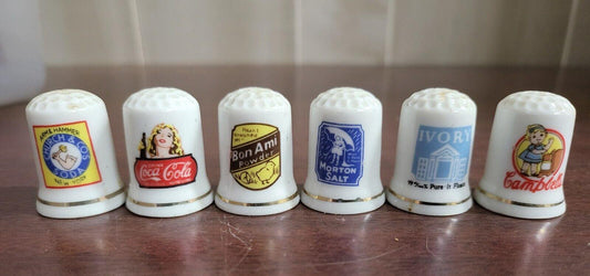 6 Vintage Ceramic Thimbles Advertising