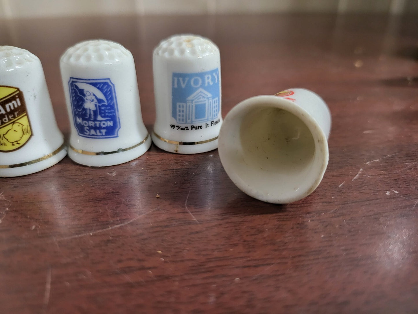 6 Vintage Ceramic Thimbles Advertising