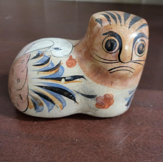 Vintage Tonala Mexican Folk Art Pottery Floral Cat / Bird 3.5 x 5" #4286
