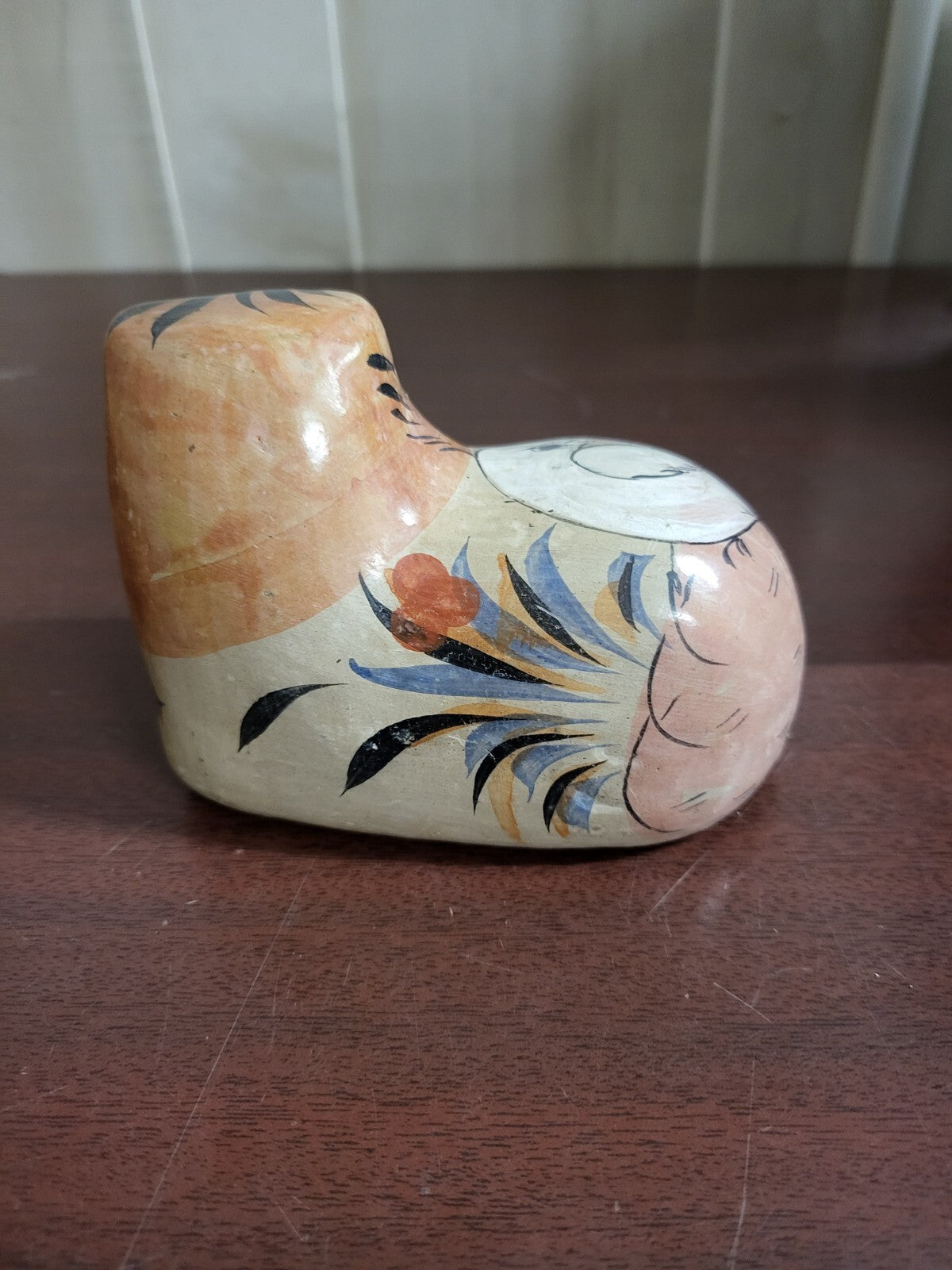 Vintage Tonala Mexican Folk Art Pottery Floral Cat / Bird 3.5 x 5" #4286