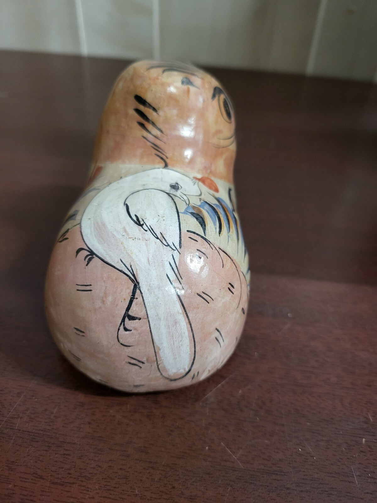 Vintage Tonala Mexican Folk Art Pottery Floral Cat / Bird 3.5 x 5" #4286