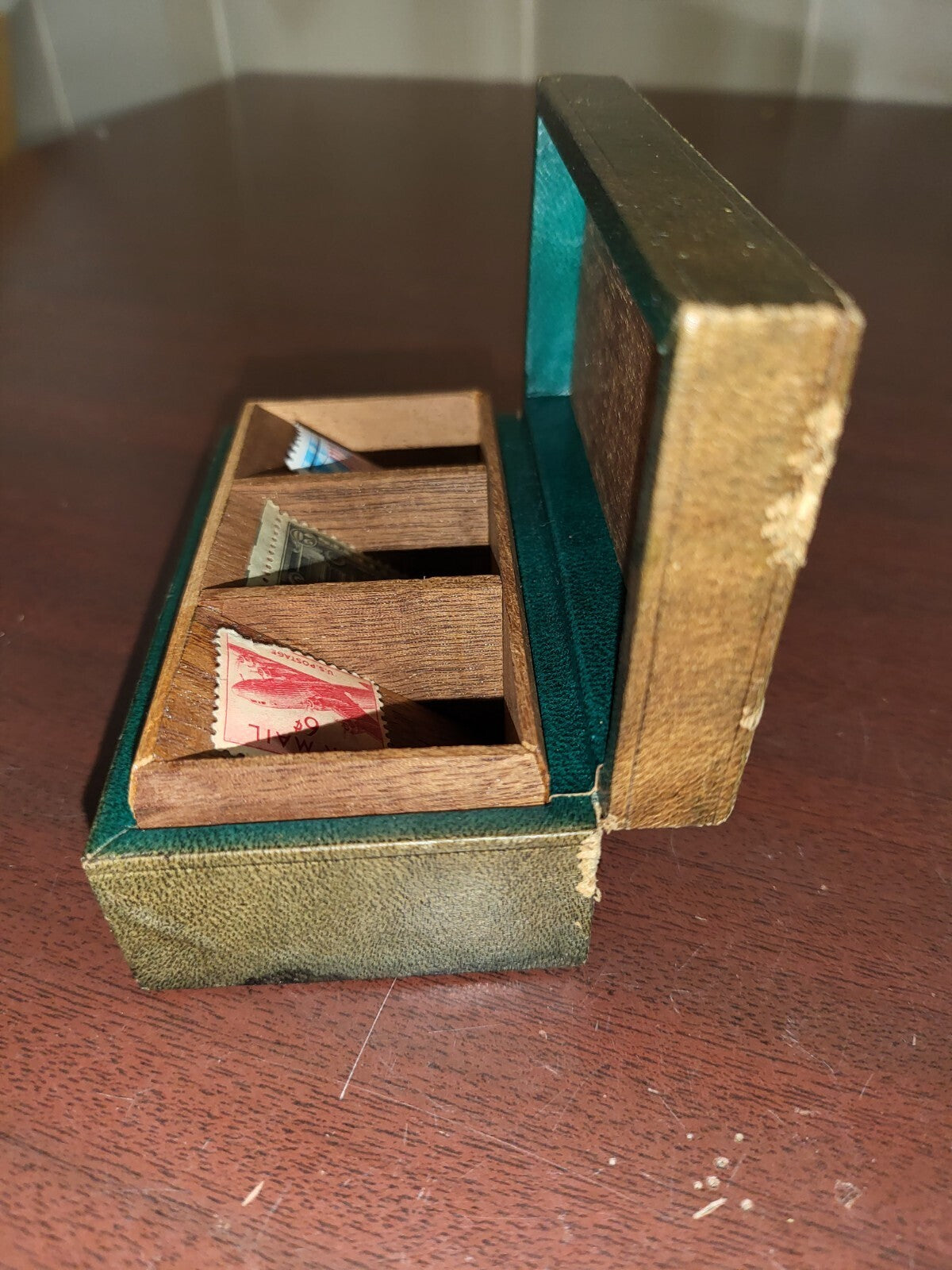 Vintage Wood Stamp Box  with US Postage stamps #4271