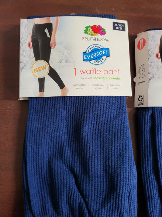 Fruit of The Loom Ladies Eversoft Thermal Leggings Blue XS 0-2 Waffle Pants NWT