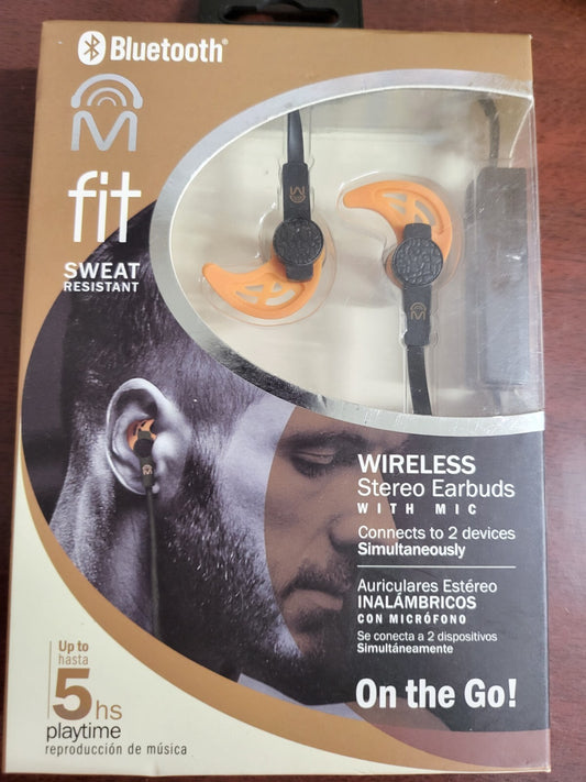 Sweat Resistant M FIT Bluetooth Wireless Stereo Earbuds with Mic *up to 5hrs +