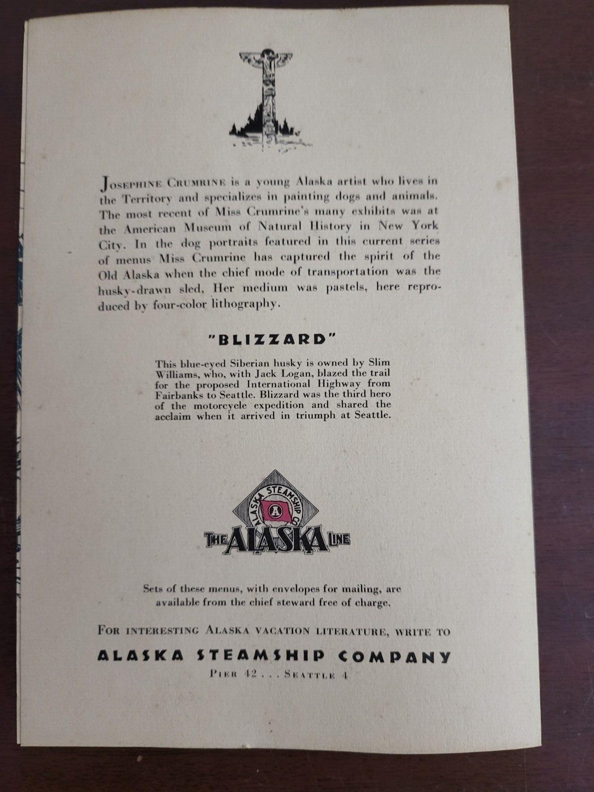 1940s Josephine Crumrine Lithography BLIZZARD Alaska Steamship Co Menu 5.5 x 8"
