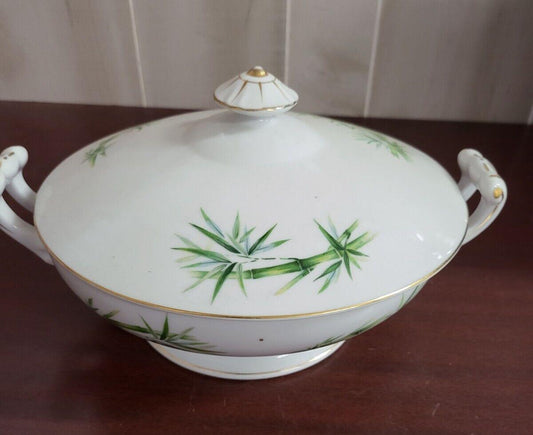 Vintage Kutani China 9" Casserole Dish & Lid   12x10 Green Bamboo Pattern  #4147