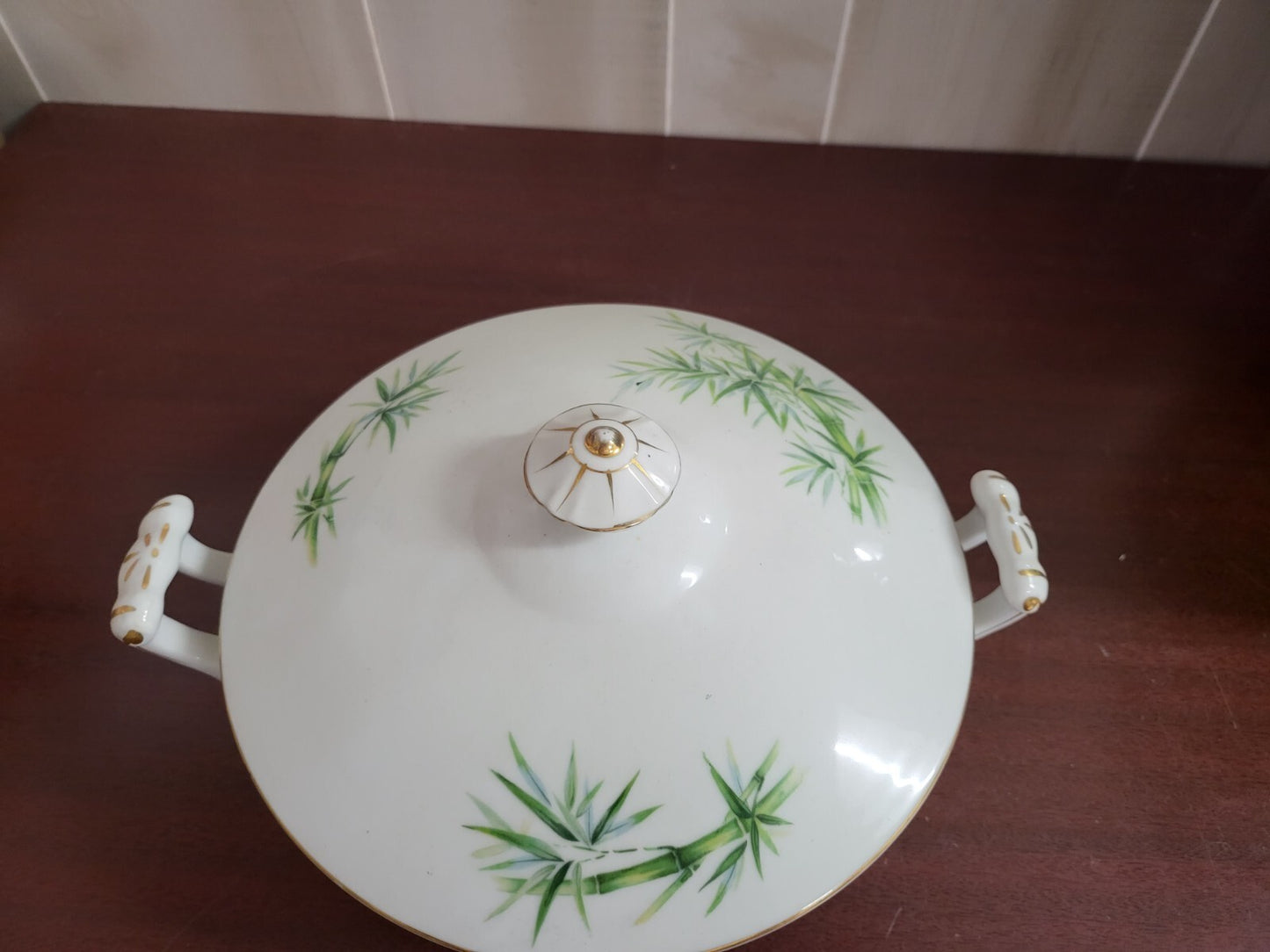Vintage Kutani China 9" Casserole Dish & Lid   12x10 Green Bamboo Pattern  #4147