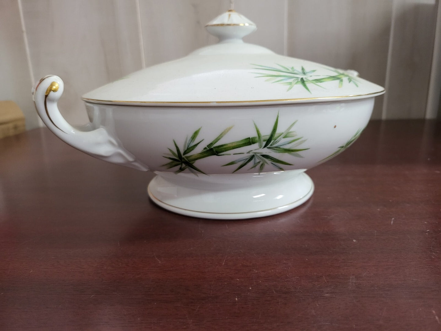 Vintage Kutani China 9" Casserole Dish & Lid   12x10 Green Bamboo Pattern  #4147