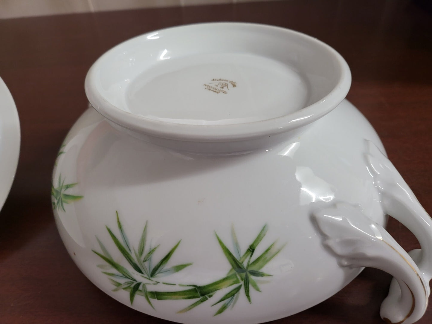 Vintage Kutani China 9" Casserole Dish & Lid   12x10 Green Bamboo Pattern  #4147