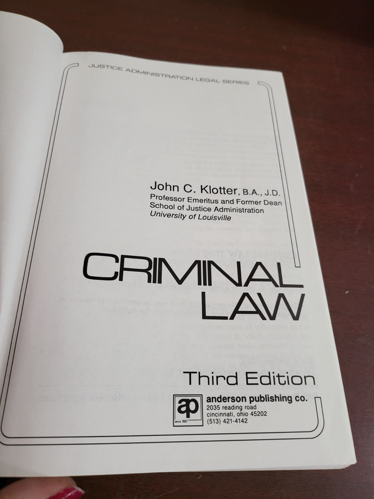 Book - Criminal Law 3rd Edition by John C Klotter 1990  #2863