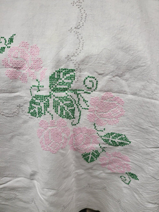 BIG Vintage Handmade Cross Stitched Tablecloth ~96 x 64" Rectangle Floral Design