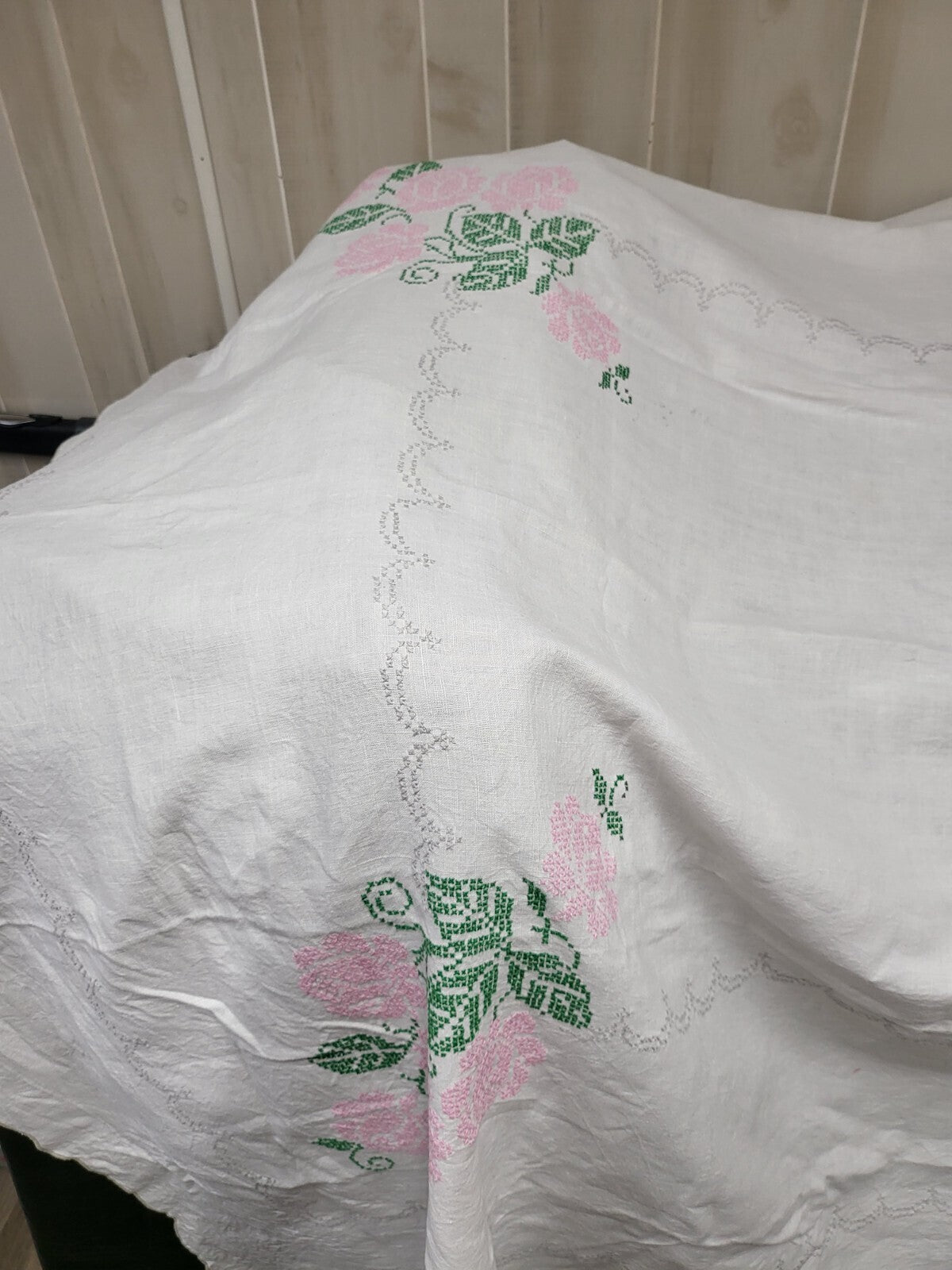 BIG Vintage Handmade Cross Stitched Tablecloth ~96 x 64" Rectangle Floral Design