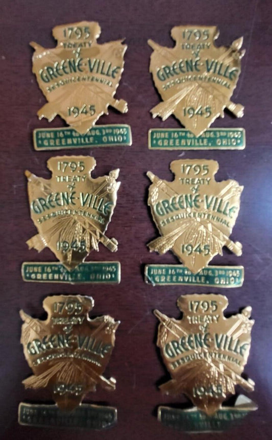 6 Vintage 1945 Tin Stickers Treaty of Greene-Ville OH sesquicentennial 2"H #152