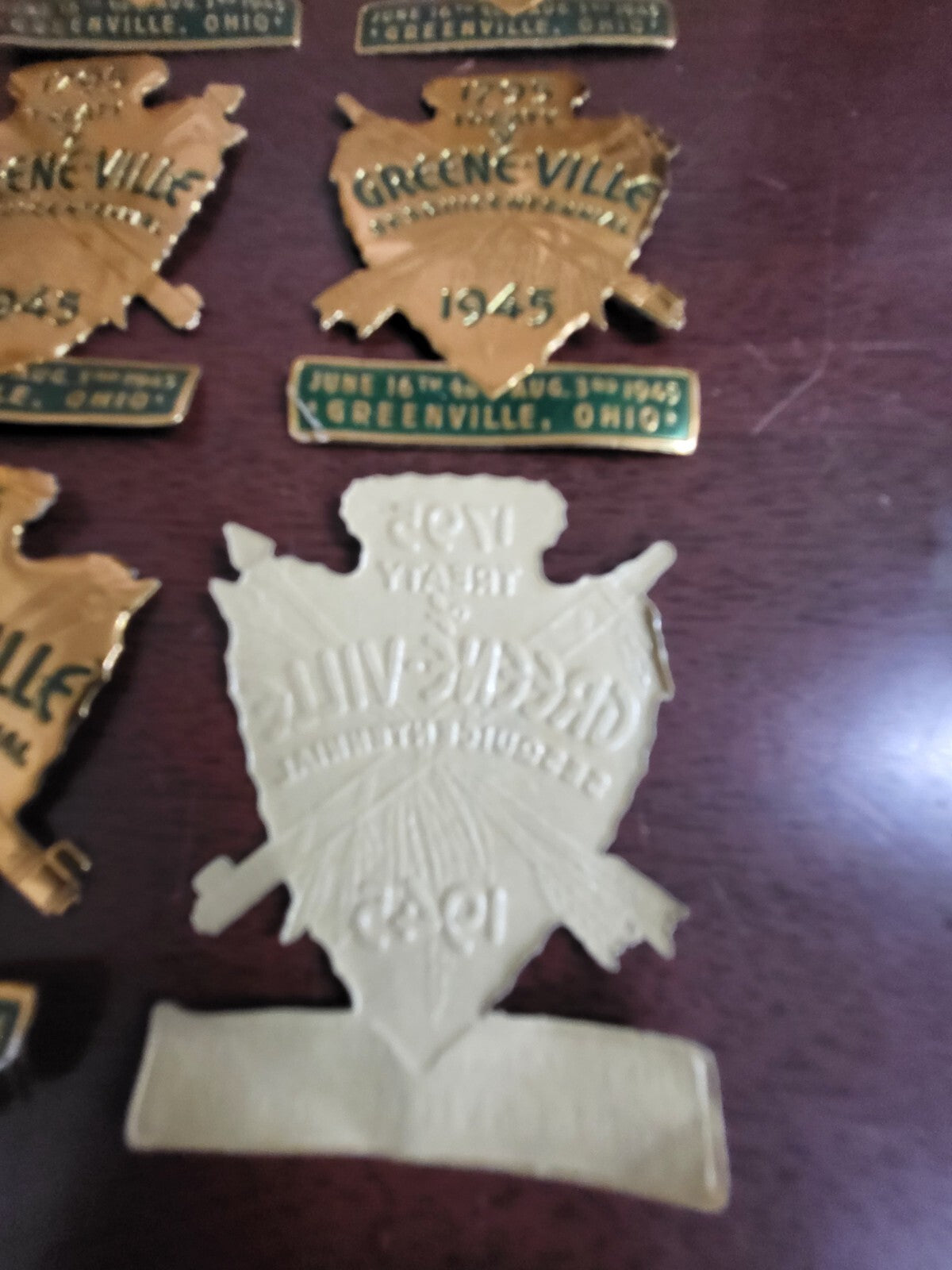 6 Vintage 1945 Tin Stickers Treaty of Greene-Ville OH sesquicentennial 2"H #152