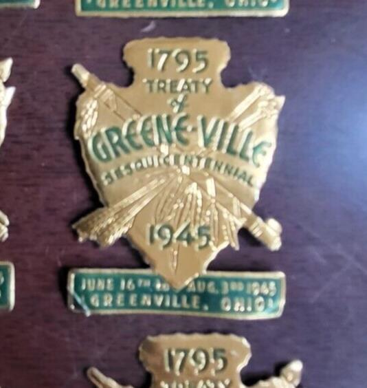 6 Vintage 1945 Tin Stickers Treaty of Greene-Ville OH sesquicentennial 2"H #152