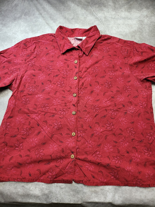 Ladies Blouse 22/24 Red Patterned Button Front Bobbie Brooks  Sh 21" Ch 26" L 26