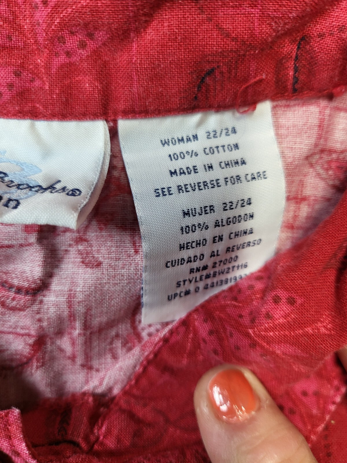 Ladies Blouse 22/24 Red Patterned Button Front Bobbie Brooks  Sh 21" Ch 26" L 26