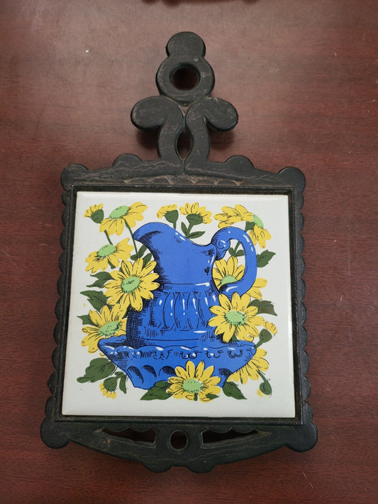 Vintage Trivet Water Pitcher Cast Iron & Ceramic Hot Pad Pot Holder Coaster Coun