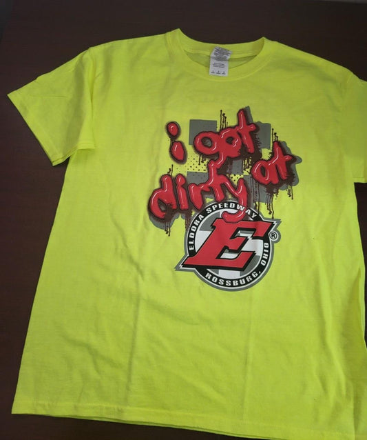 Mens Racing  I GOT DIRTY at ELDORA SPEEDWAY  Large Hi-Vis Yellow Gildan sh 19"