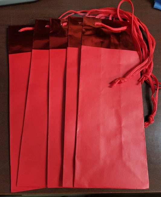 5 American Greetings Gift Bags RED with Tie Strings 4.75 x 3.25 x 12.75"