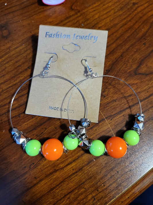 Pierced Earrings Silver Hoops with Silver Green Orange Beads ~2.5" French Hooks