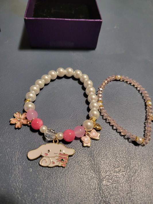 2 Bracelet Set Gold Pink & White Beads Dog + Charms  6" Stretch  Handmade