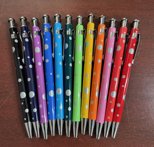 12 Click Ink Pens Black Ink Polka Dots Multicolor  5.5"