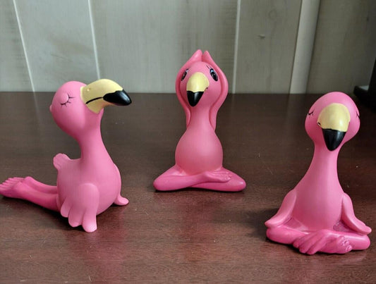 3 Fitness Pink Flamingos  ~4"H Poly-resin Yoga Pose