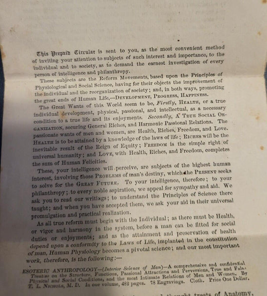 Advertisement Letter for Books Written by TL Nichols in the 1850s  MORE * read