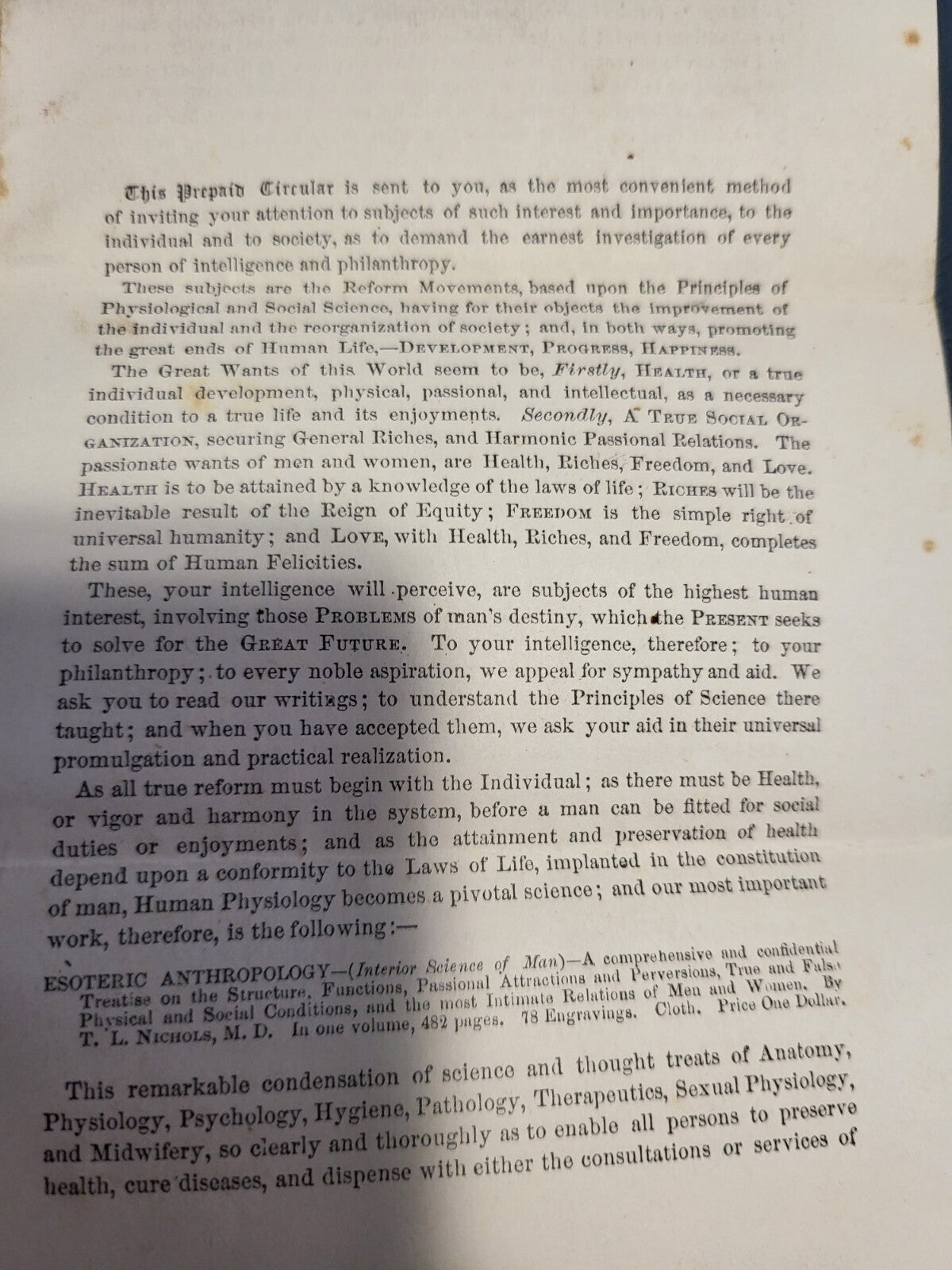 Advertisement Letter for Books Written by TL Nichols in the 1850s  MORE * read