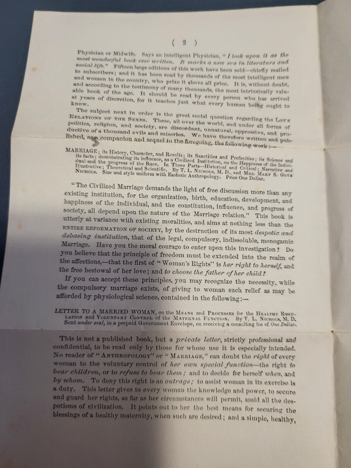 Advertisement Letter for Books Written by TL Nichols in the 1850s  MORE * read