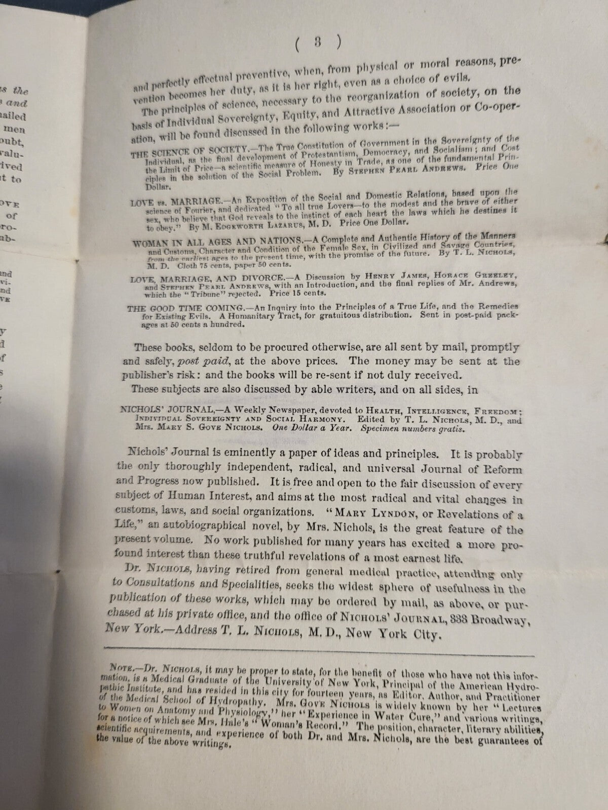 Advertisement Letter for Books Written by TL Nichols in the 1850s  MORE * read