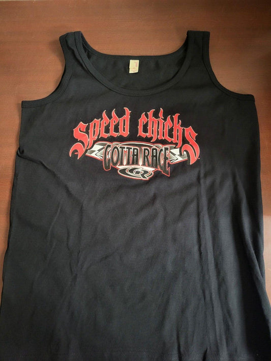 Ladies Tank Top SPEED CHICS GOTTA RACE Black LARGE Ch 21"  L24" Anvil