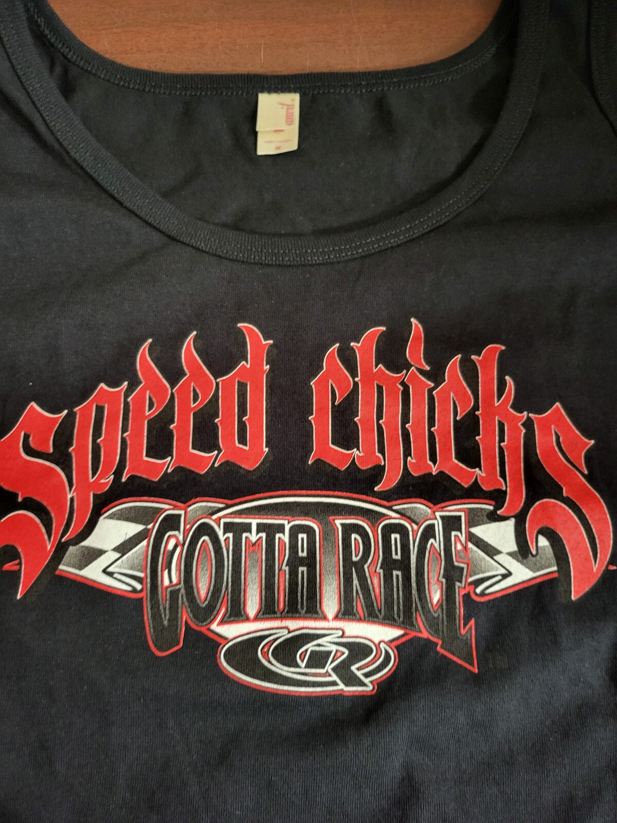 Ladies Tank Top SPEED CHICS GOTTA RACE Black LARGE Ch 21"  L24" Anvil