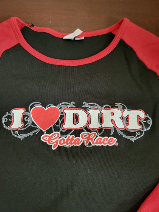 Girls T-Shirt I LOVE DIRT GOTTA RACE size XLARGE  Black, Red Ch 17" L 21"   Long