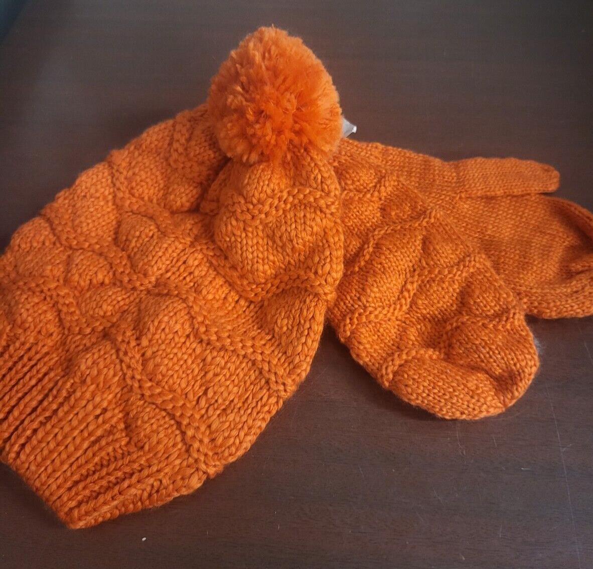 Beanie Hat Cap & Mittens Set for Adults Orange Cute & Fun & Warm