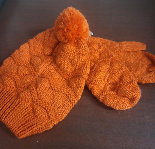 Beanie Hat Cap & Mittens Set for Adults Orange Cute & Fun & Warm
