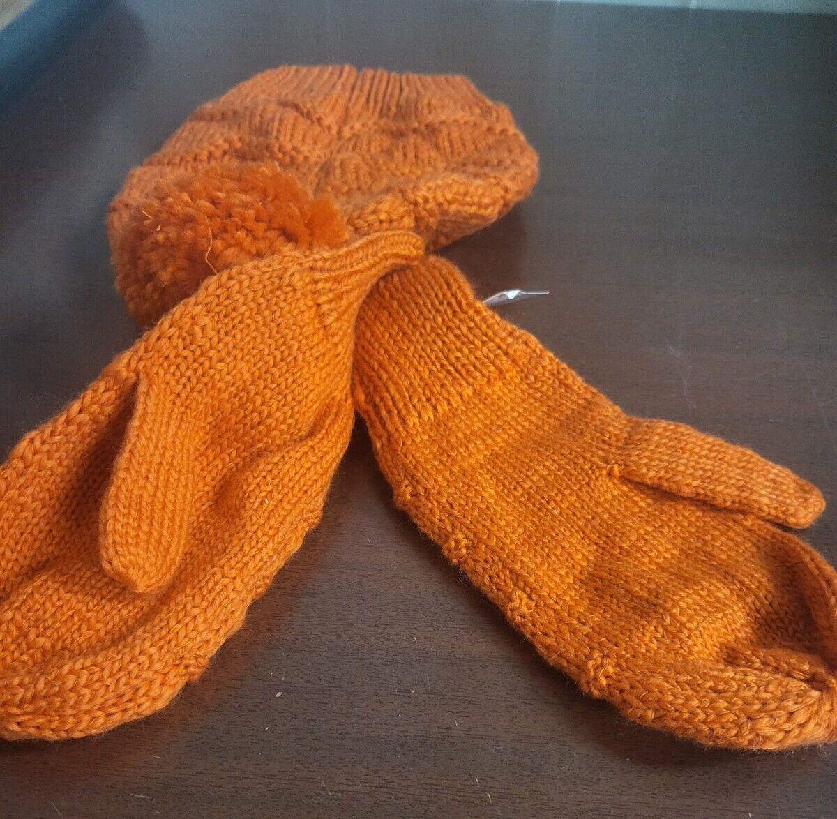 Beanie Hat Cap & Mittens Set for Adults Orange Cute & Fun & Warm