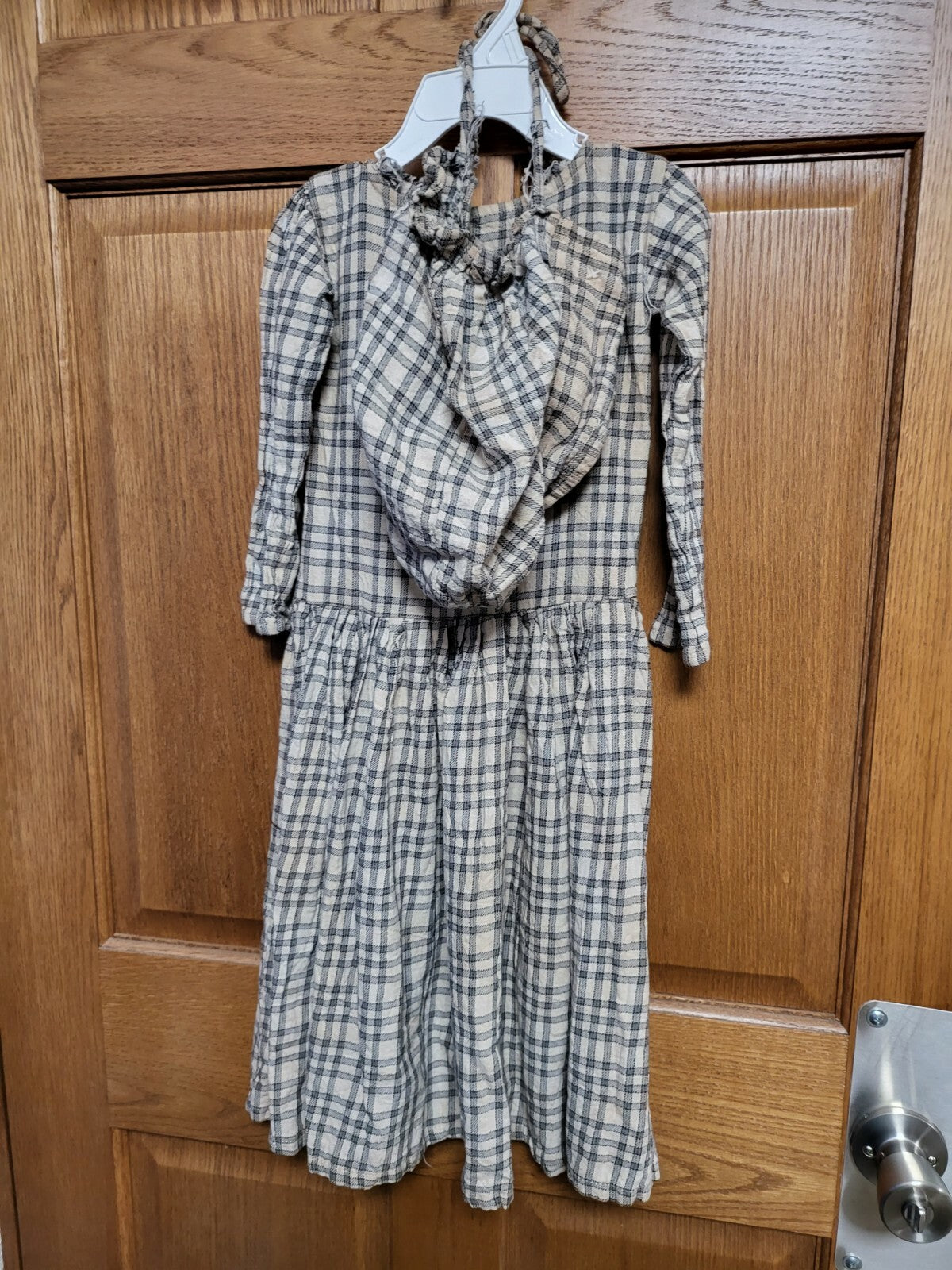 Vintage Style  Craft Doll Dress & Bonnet  27"L 10" waist 9" Shoulders Blue Plaid
