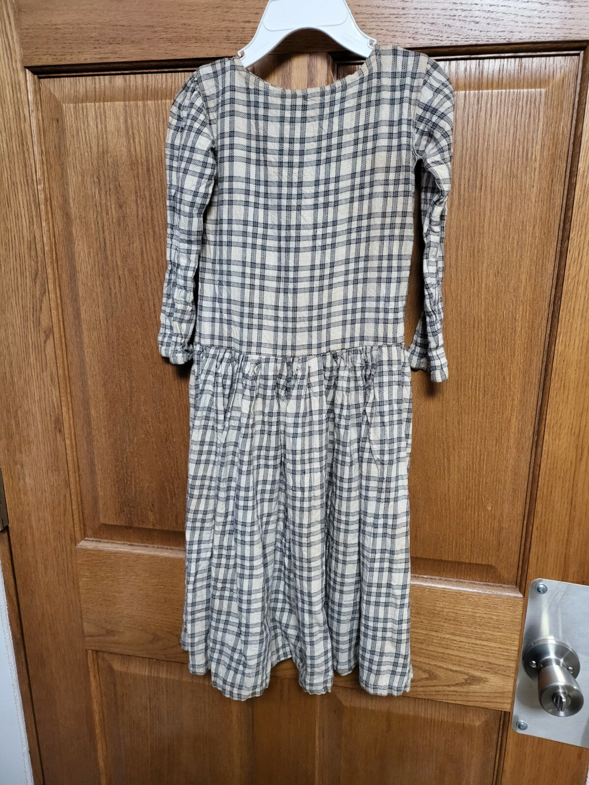 Vintage Style  Craft Doll Dress & Bonnet  27"L 10" waist 9" Shoulders Blue Plaid