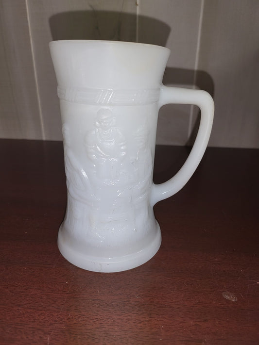 Vintage Federal "F" White Milk Glass 6"H Mug Beer Glass Tavern Scene Stein
