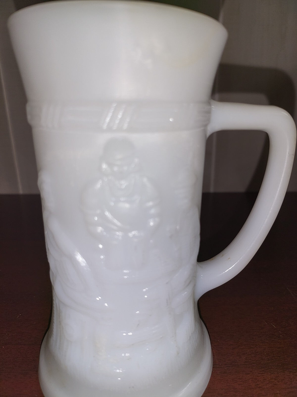 Vintage Federal "F" White Milk Glass 6"H Mug Beer Glass Tavern Scene Stein