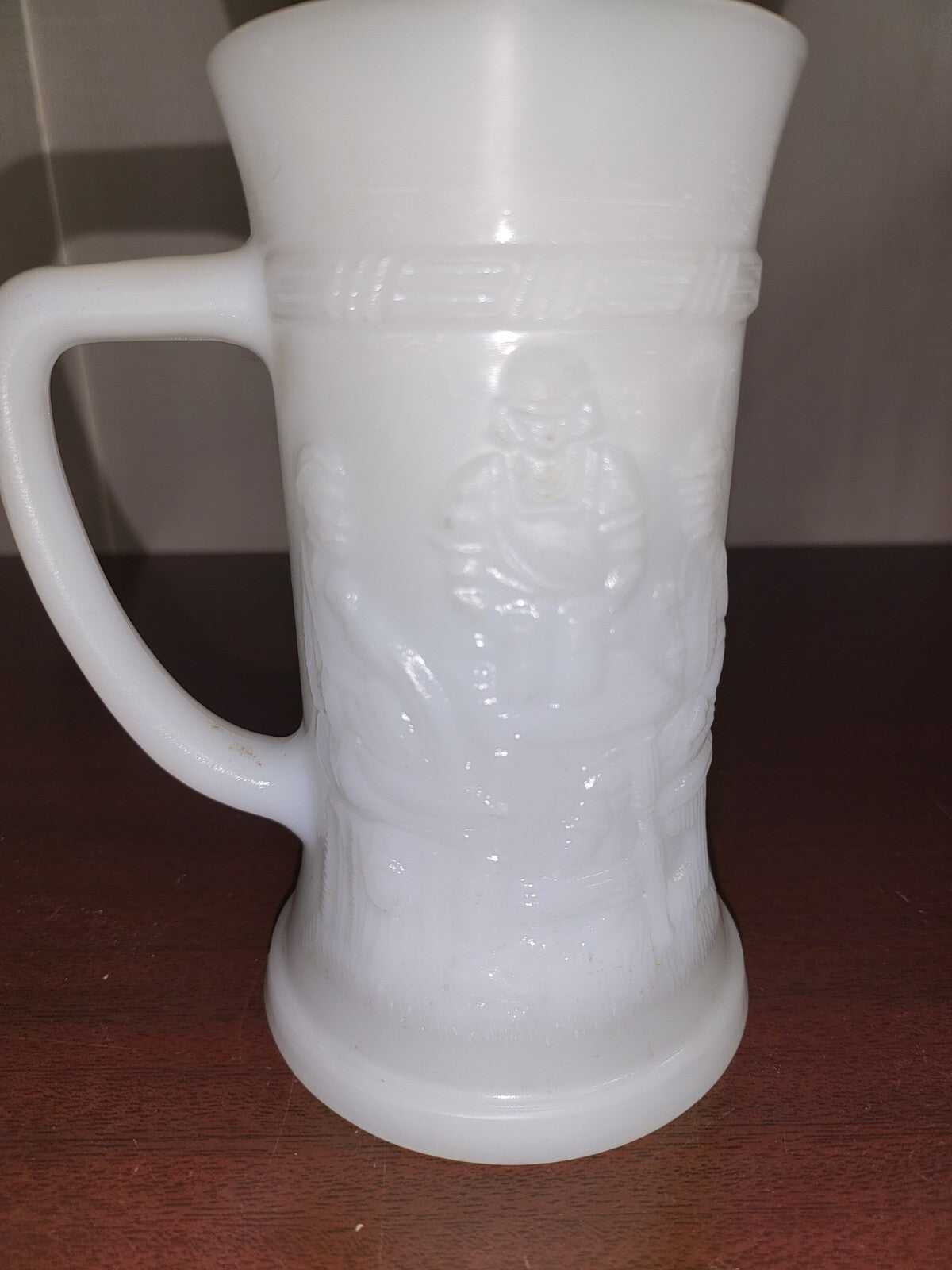 Vintage Federal "F" White Milk Glass 6"H Mug Beer Glass Tavern Scene Stein