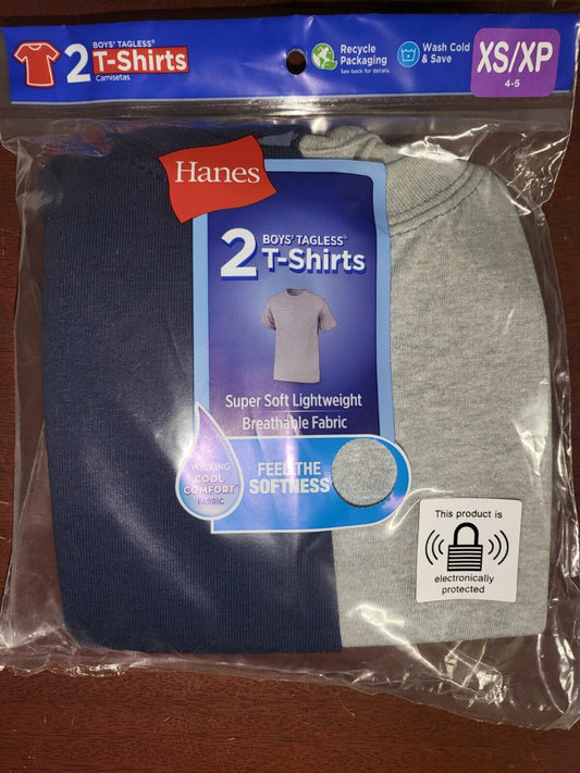 Hanes Boys Crew Neck 2 ct T-Shirt Black & Gray size XSMALL 4-5   Short Sleeve