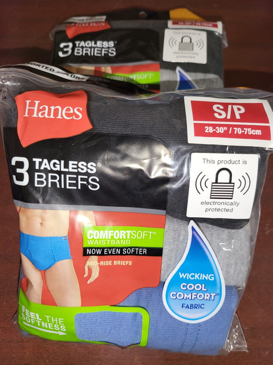 Hanes Men's Briefs 6 ct SMALL 28-30" Tagless Briefs Black Gray Blue Underwear