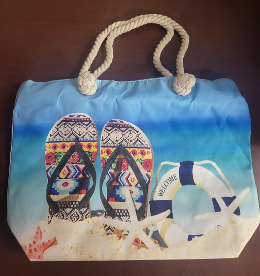 Beach Bag Tote Summer Theme 18 x 13 x 5" Heavy Rope Straps 9" Drop Metal Grommet