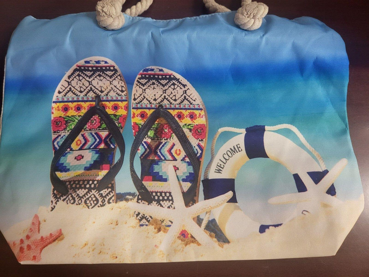 Beach Bag Tote Summer Theme 18 x 13 x 5" Heavy Rope Straps 9" Drop Metal Grommet