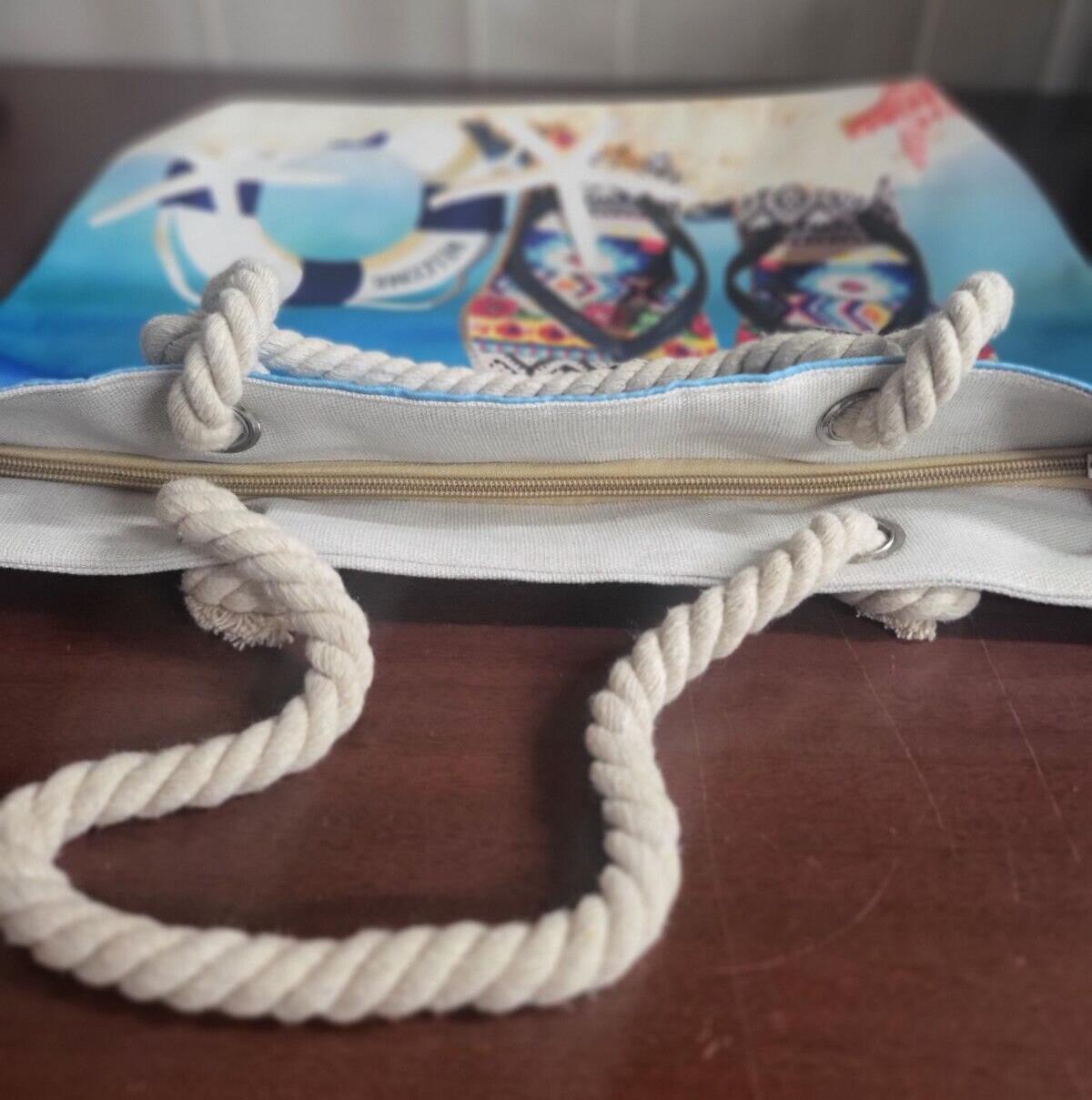 Beach Bag Tote Summer Theme 18 x 13 x 5" Heavy Rope Straps 9" Drop Metal Grommet
