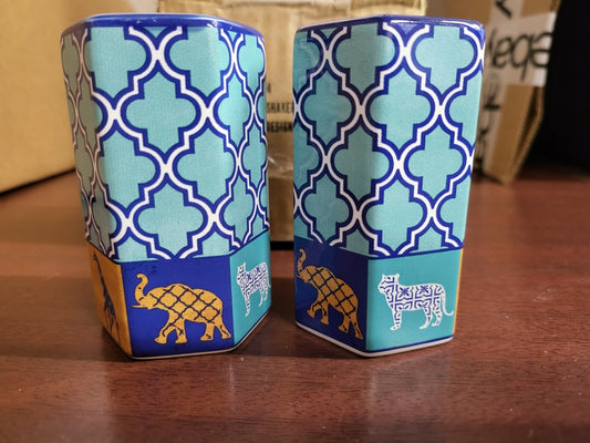Salt & Pepper Shaker Set Stoneware Wild Animal Moroccan Design 3.25 x 1.75" NIOB